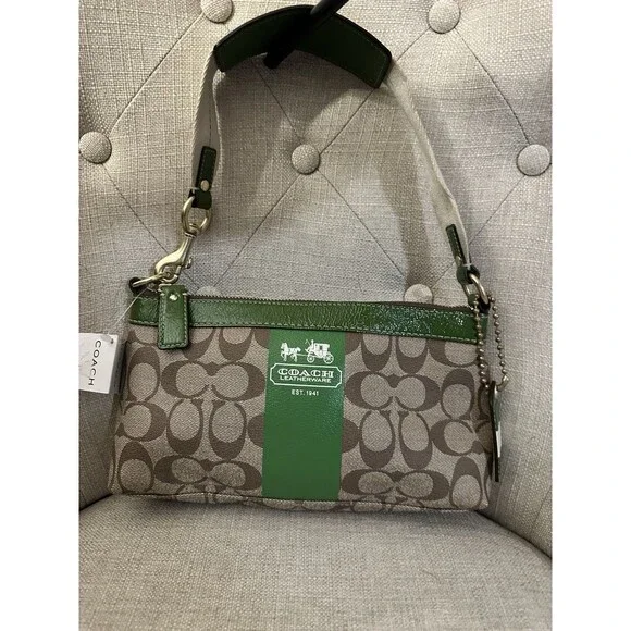 NWT Coach Heritage Stripe Shoulder Bag - Green Khaki Signature Canvas Y2K Retro - Picture 2 of 8